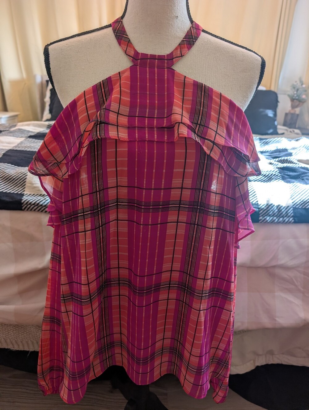 Pink Plaid Halter Cold-Shoulder Long Sleeve Blouse